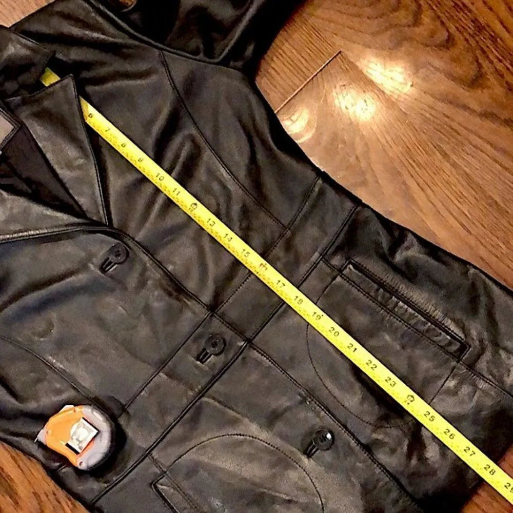 WILSON’S LEATHER Black Leather Long Line Pea Coat with Single Breast Faux Belt - Image 4