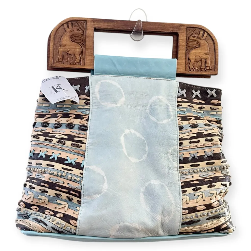 Konjo Ababa Handmade Carved Wooden Handle Woven Leather Bag Made in Ethiopia Blue - Image 8