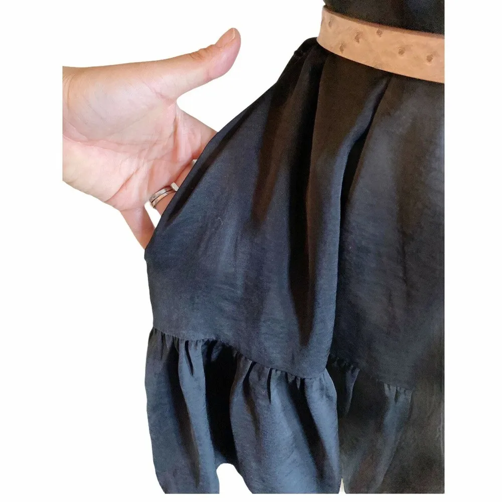 BANANA REPUBLIC Swing Shift Dress Satin Black Drop Shoulder Ruffle Hem XS Petite - Image 6