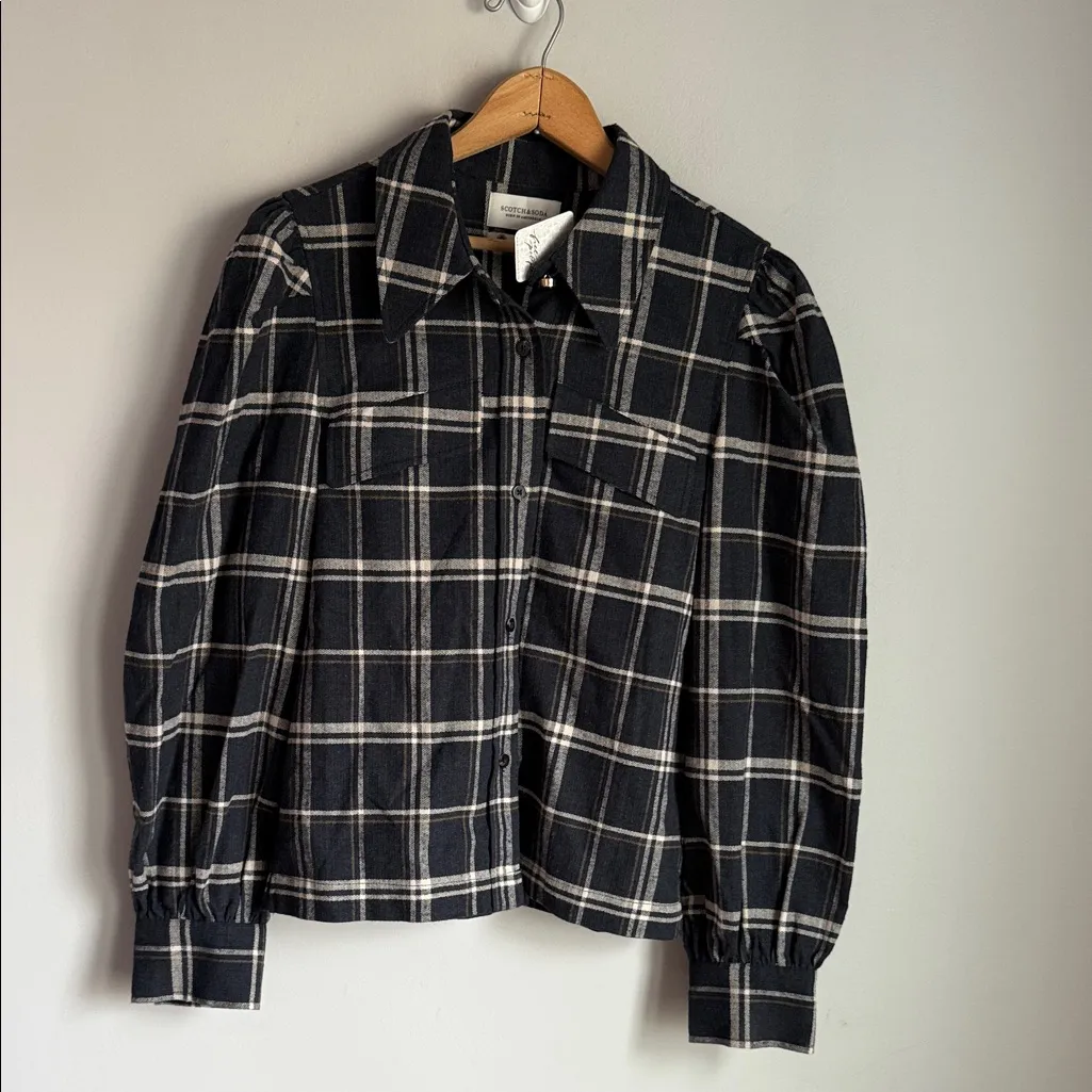 NEW Scotch & Soda Gray Plaid Checked Brushed Organic Cotton Shirt/Shacket Small - Image 2