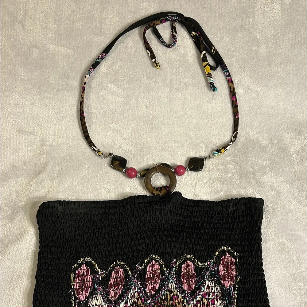 Magic Black and Pink Halter Dress with Vibrant Pattern Size Large - Image 4