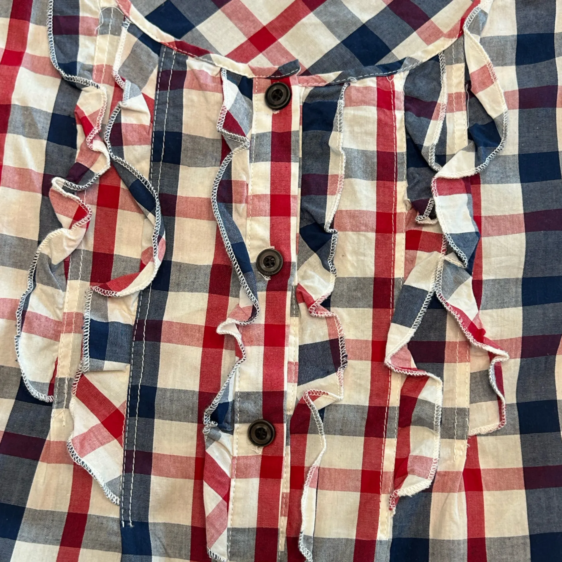 Country chic cottagecore red white blue plaid tunic with tie & ruffle detail L Size L - Image 4