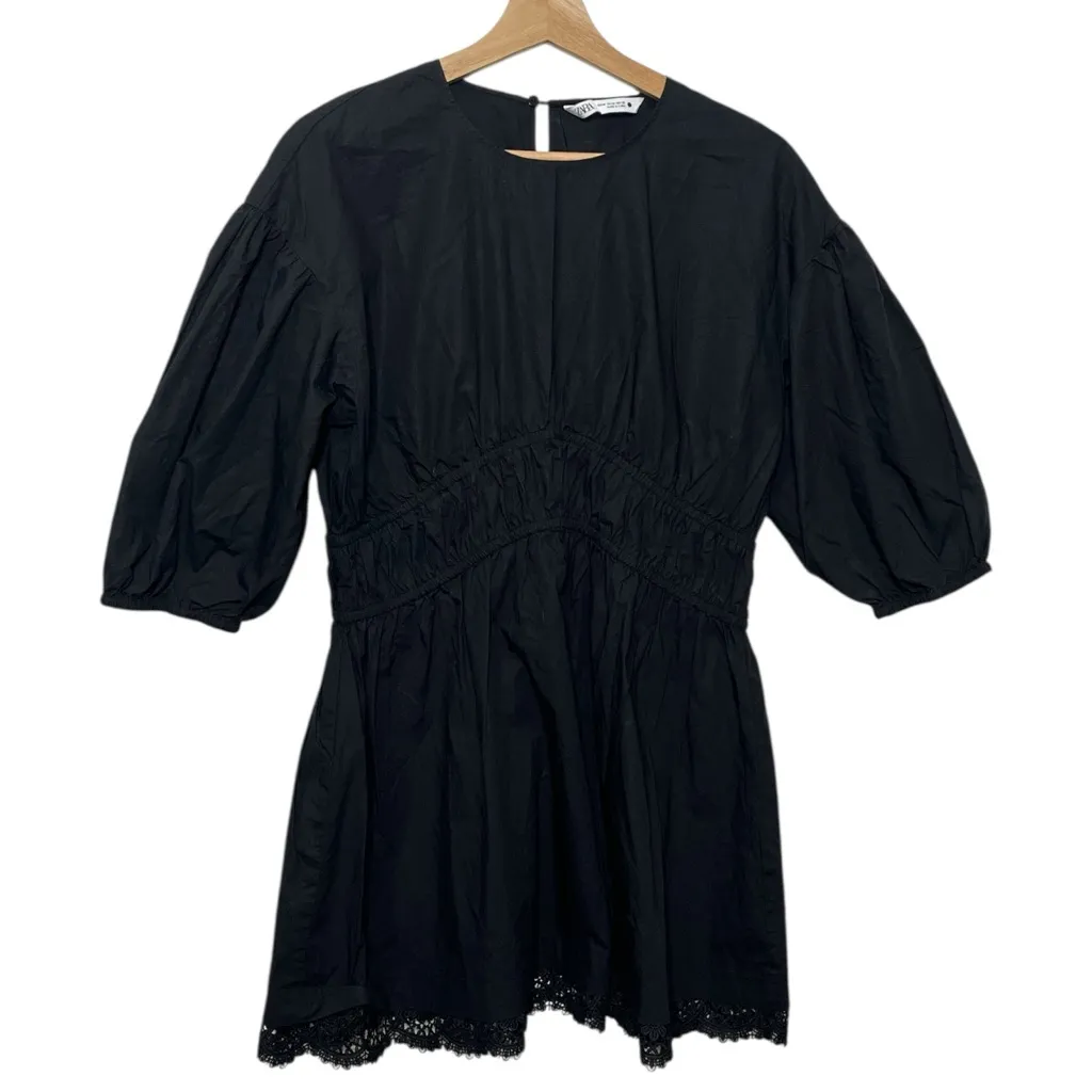 ZARA Black Mini Dress Lace Hem Puff Sleeve Cinched Waist Women’s Medium - Image 2