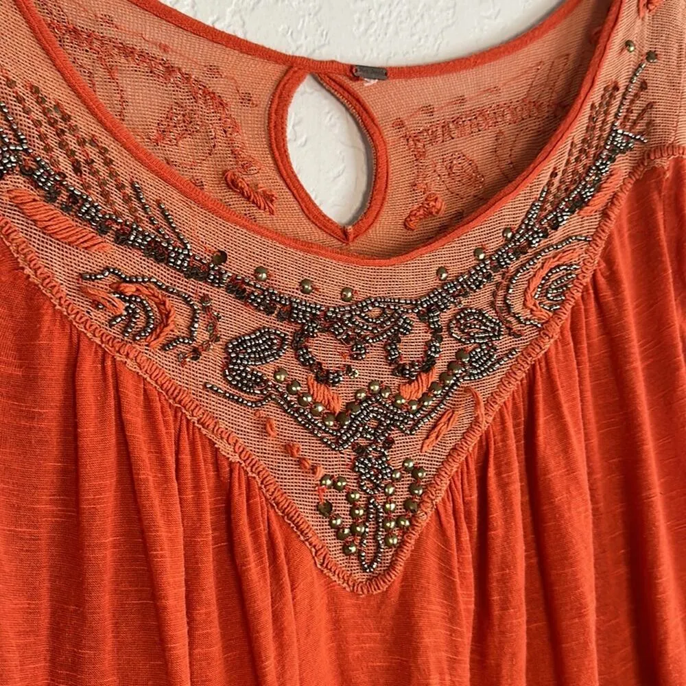 Free People Orange Beaded Mesh Viscose Long Sleeve Top Small Fall Boho - Image 5
