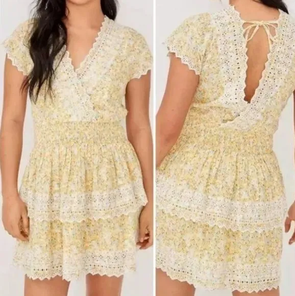 American Eagle Ruffle Tiered Floral Lace Bohemian Mini Dress - Image 2