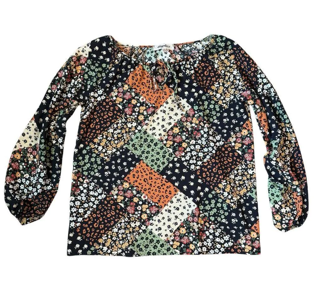 Haptics Blouse Ditsy Floral Patchwork Boho Balloon Sleeve Top Small Black - Image 3