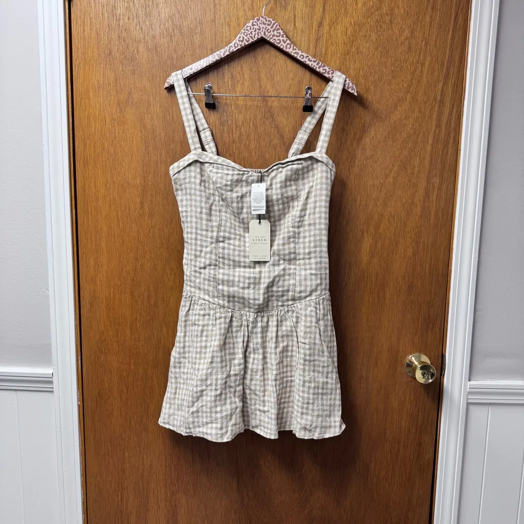 NEW Abercrombie & Fitch Premium Linen Drop-Waist Skort Dress Tan Gingham Large - Image 15