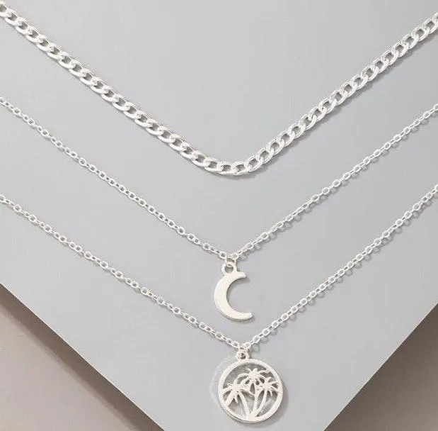 Moon & Palm Trees Charm Layered Necklace Silver - Image 4