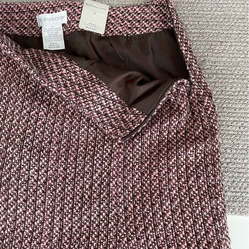 Vintage Y2K Brown Pink Tweed Lace Trim MIDI Tulip Skirt Size M (10) NWT Size M - Image 7