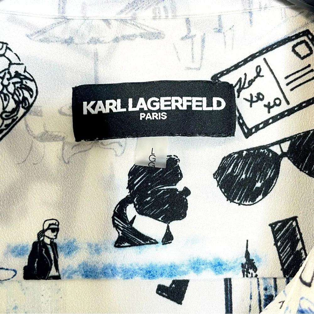 Karl Lagerfeld Paris Women's Long Sleeve Whimsical Blue and Black  Blouse size L - Image 9