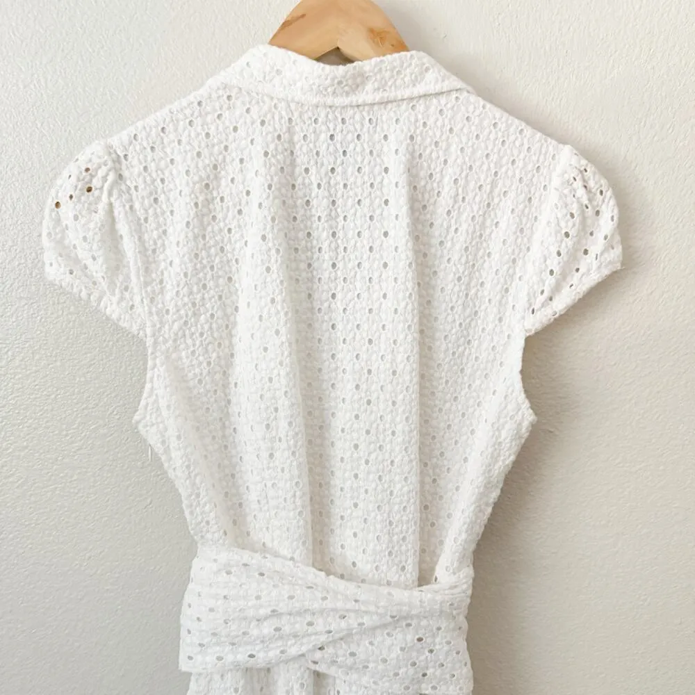 KAREN KANE | White Eyelet Embroidered Wrap Dress Collar Cap Sleeve Tie | Size 8 - Image 7