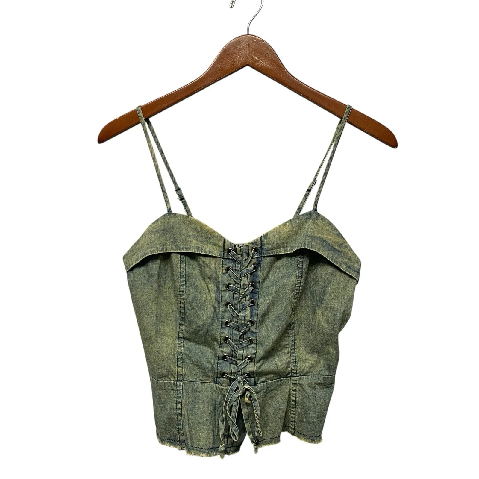 Vintage Havana Small Women Denim Lace Up Corset Top with Straps Coquette Bustier - Image 5