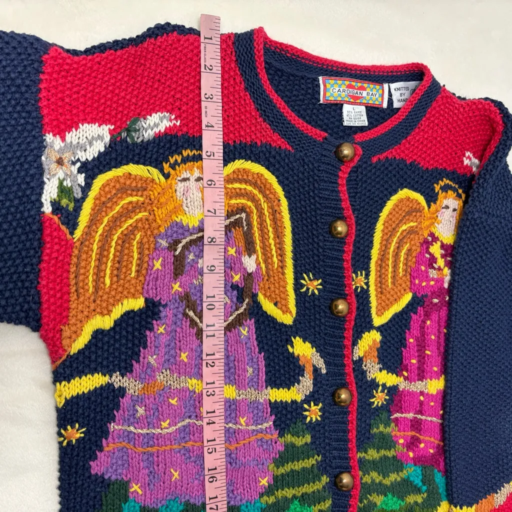Cardigan Bay Vintage Angel Pattern Knitted by Hand Cardigan Christmas Sweater L Red Size L - Image 11