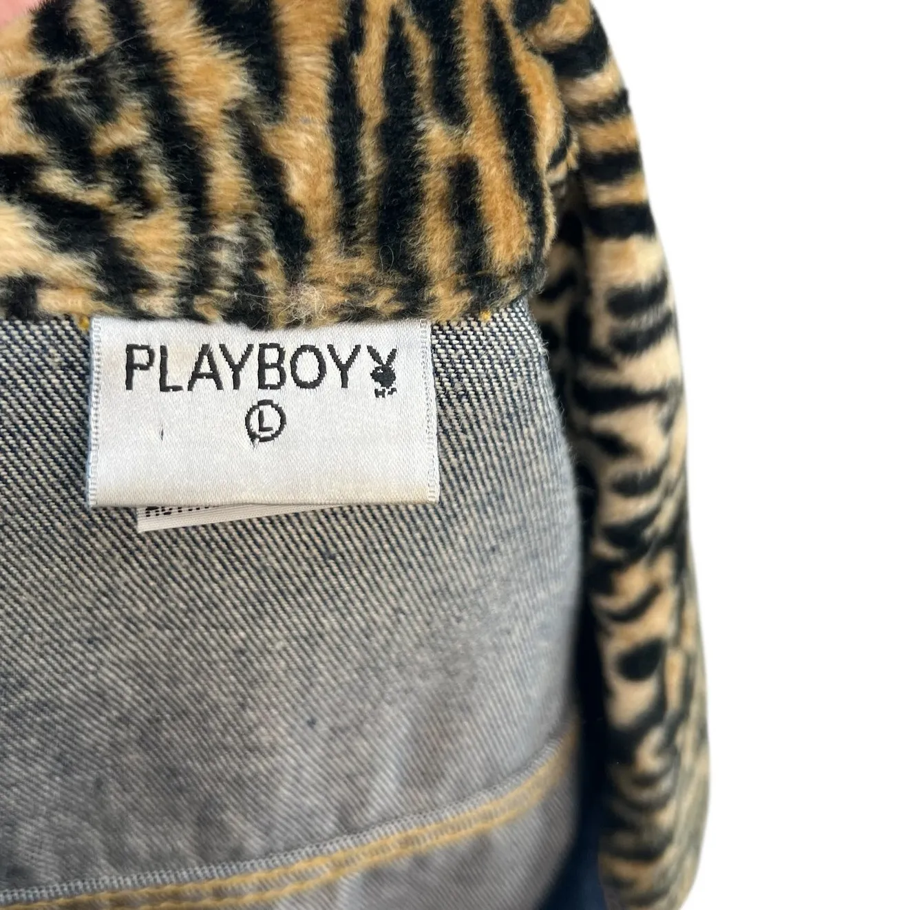 Vintage Playboy Leopard Trim Denim Jacket Y2K Cropped Jean Jacket Size Large - Image 12