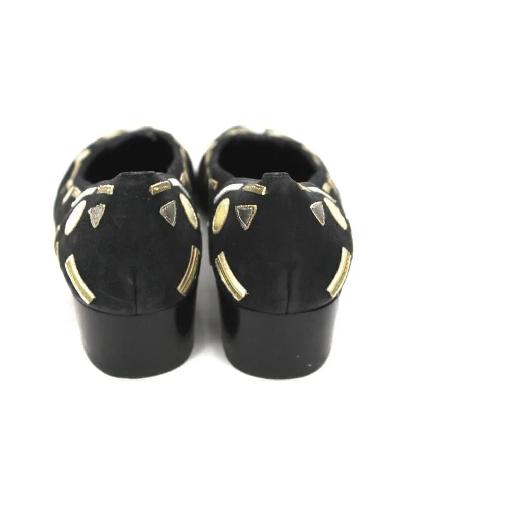 Vero Ve Black Linen Low Heel Pumps Gold & Silver Leather 11 M Aboriginal Face - Image 4