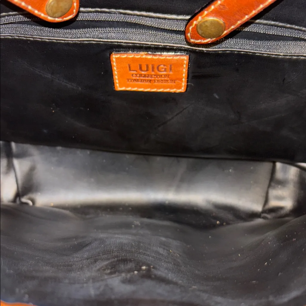 LUIGI BRAND ITALIAN VINTAGE TAN/BLACK PEBBLED LEATHER SHOULDER BAG SNAP CLOSURE Black - Image 5