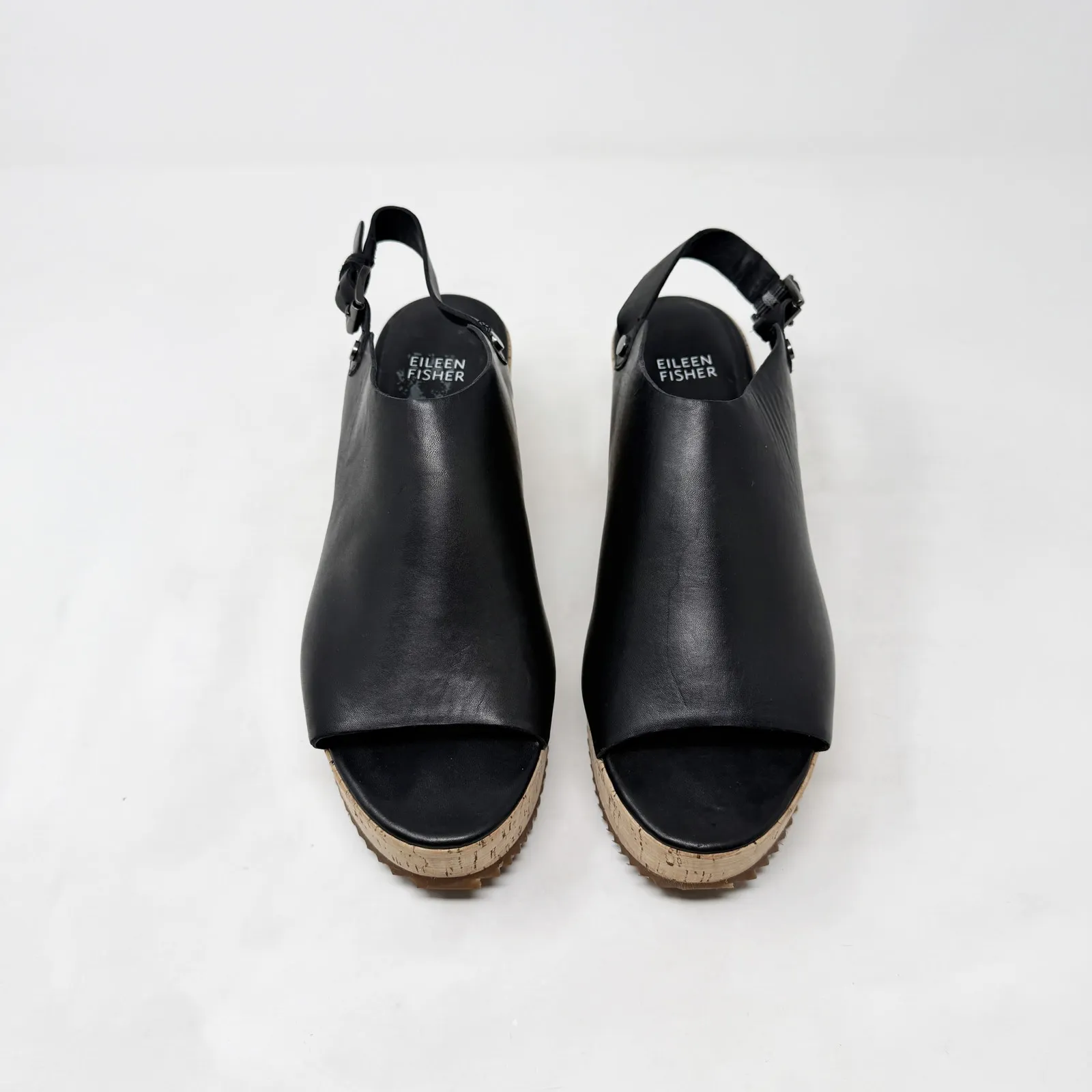 [Eileen Fisher] Black Leather Open Toe Ankle Strap Wedge Flatform Sandals Size 8 - Image 2