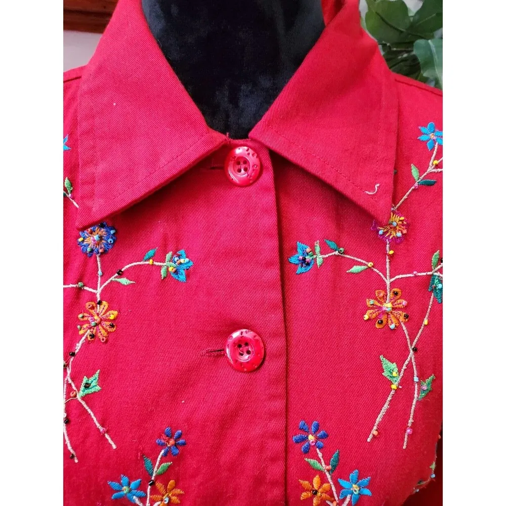 Life Style Women's Red Floral 100% Cotton Long Sleeve Collared Casual Jacket PM Size undefined - Image 2