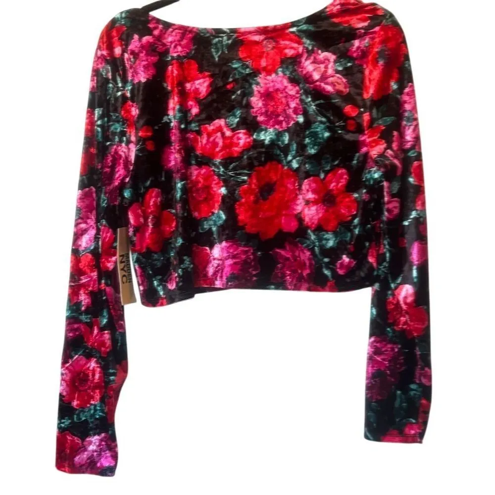 Madden NYC Junior's 2XL Velvet Cropped Top Floral Rhinestone Heart Red Size XXL - Image 5
