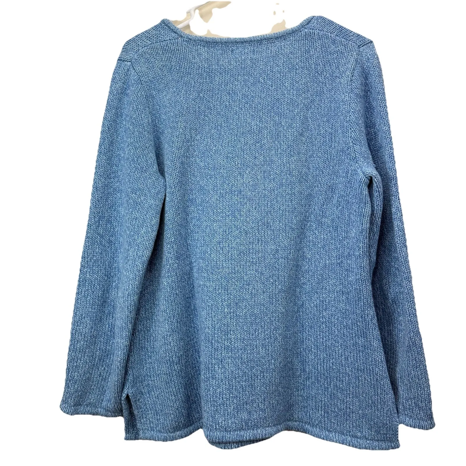 Vintage LL Bean Blue Marled Chunky Cotton‎ Notch Neck Pullover Sweater MEDIUM - Image 6