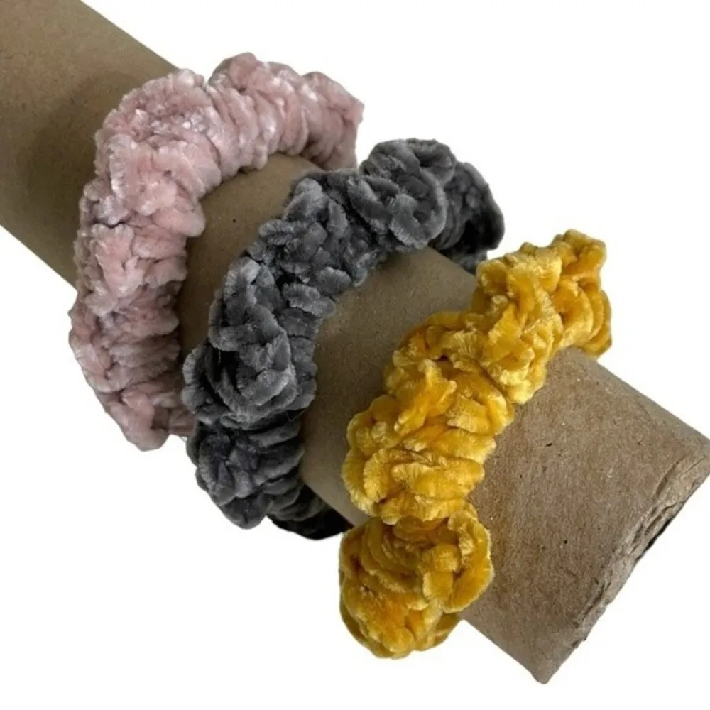 SCRUNCHIES Velvet Yarn Handmade Crochet Set Of 3 Charcoal Dusty Pink Marigold - Image 4