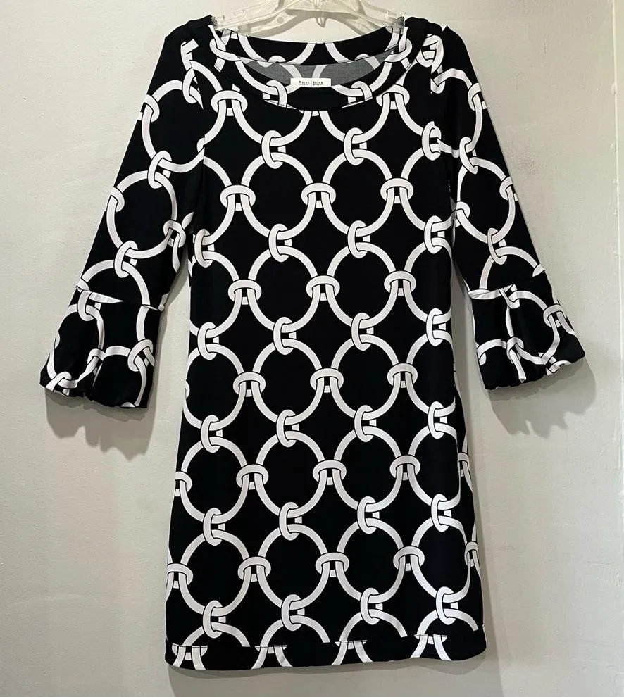 White House Black Market midi dress womens medium blackwhite shift Bell Sleeves - Image 3