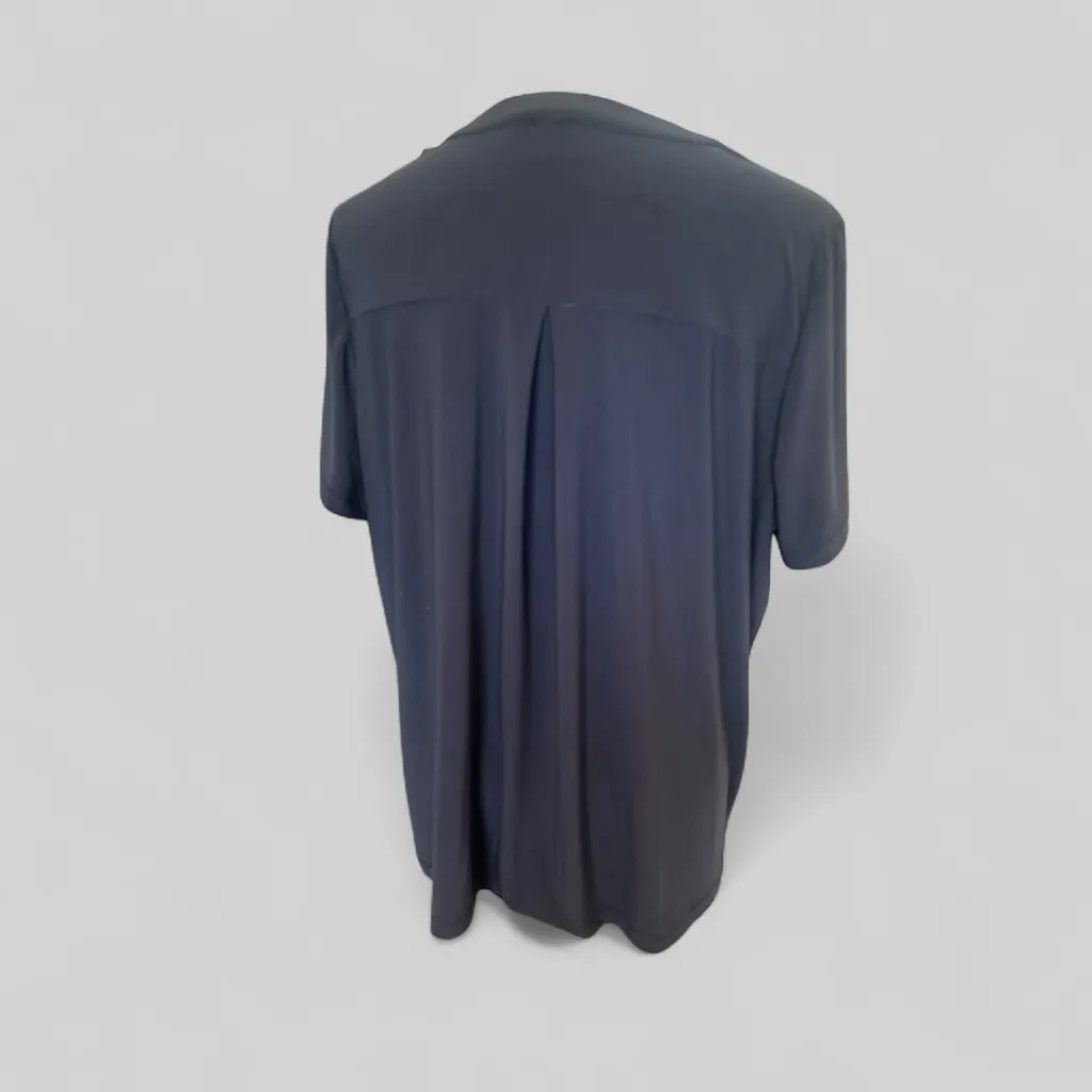 Anne Klein Blue Short Sleeve Blouse with Mandarin Collar - Image 2