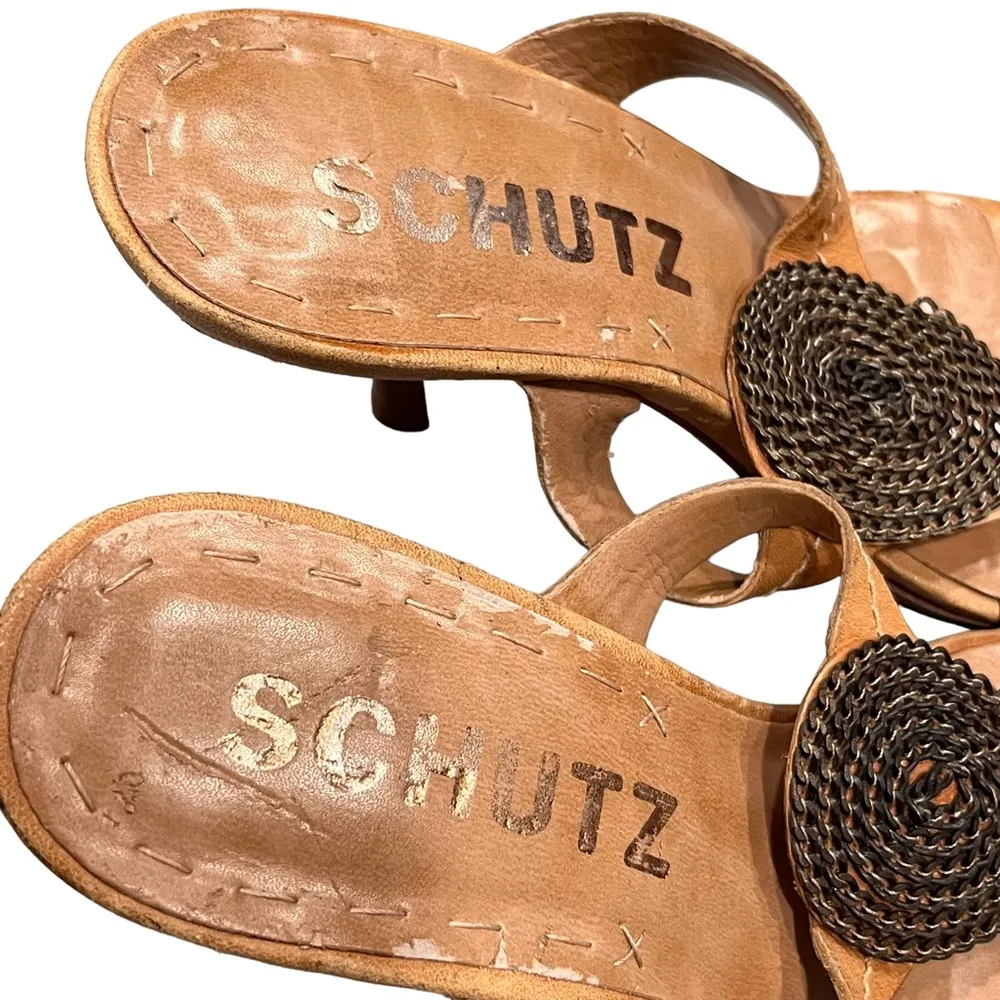 Schutz Natalie Brown Leather Medallion Sandals Heels - Image 6