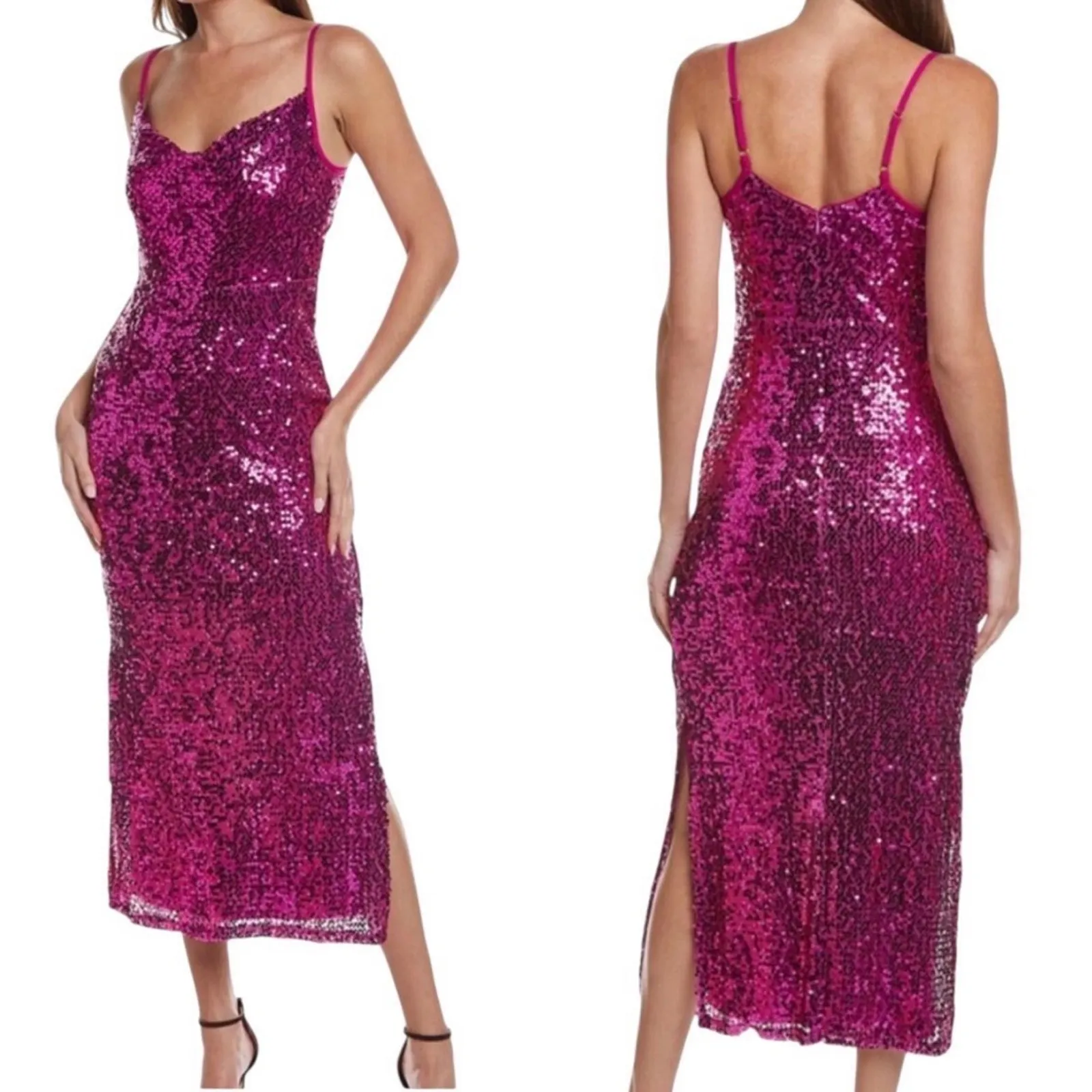 Taylor Stretch Sequined Cowl Neck Midi Dress Fuschia Pink Size 12 NEW - Image 2