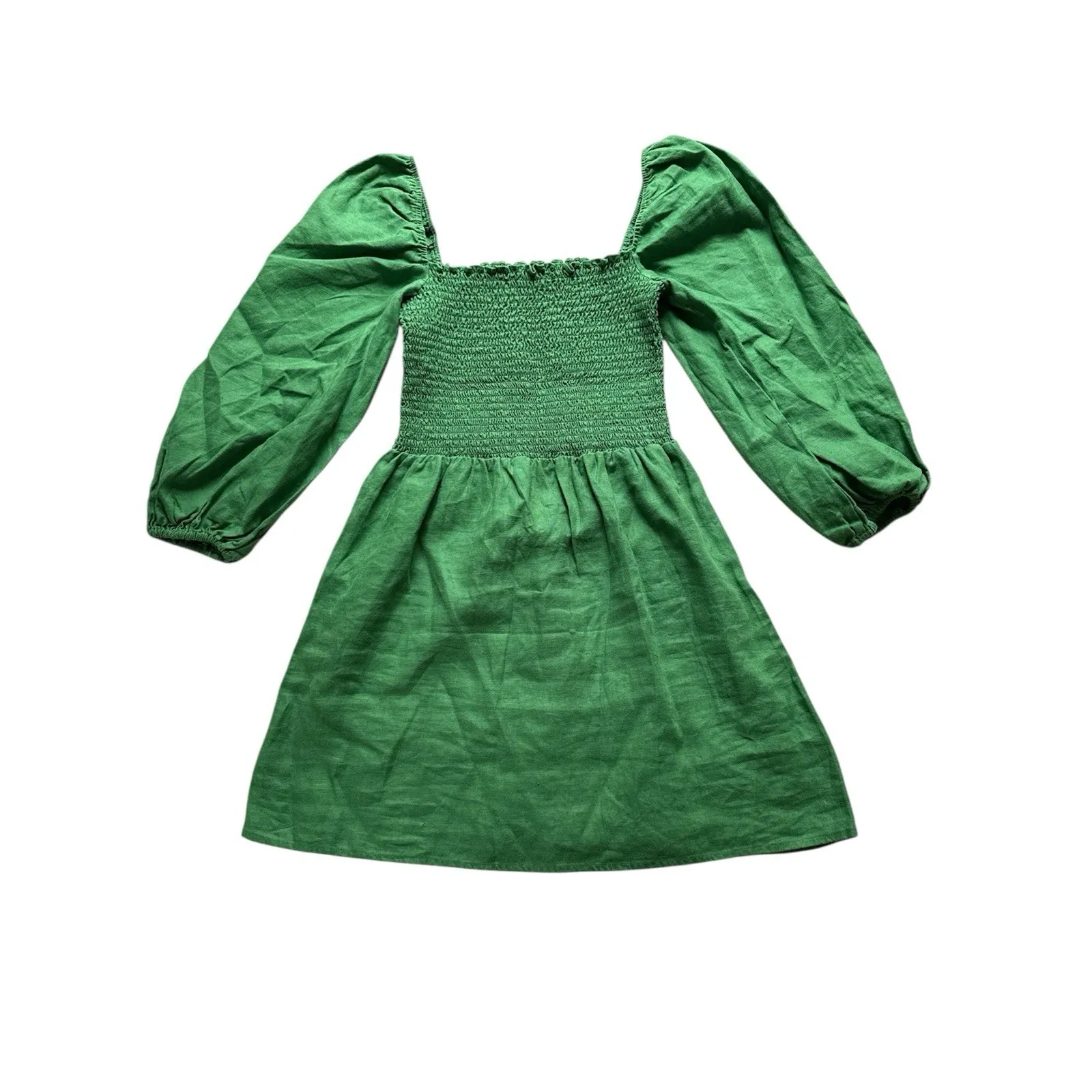 Reformation Greyson Dress Womens Large Green Smocked Linen Mini Puff Sleeves - Image 2