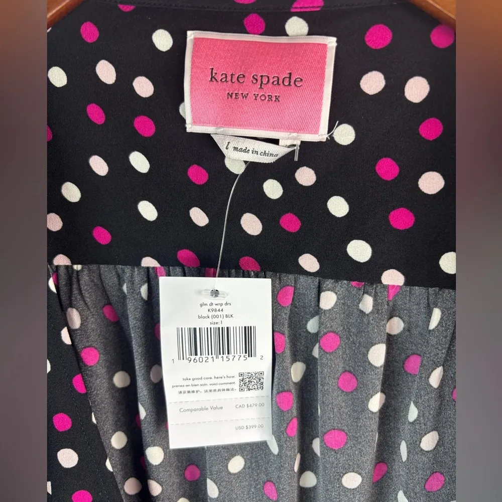 Kate Spade L Drop Waist Wrap Black and Pink Polka Dot Dress - Image 11