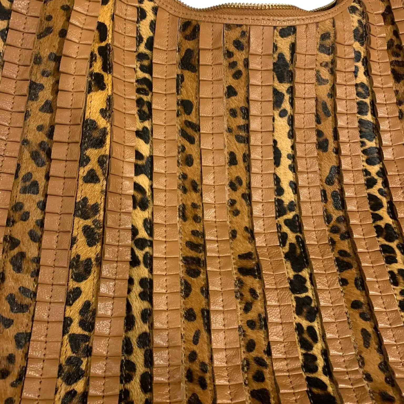 SHARIF 1827 Leather & Leopard Calf Hair Hobo Bag Tassel Boho Vintage Mob Wife Tan - Image 3