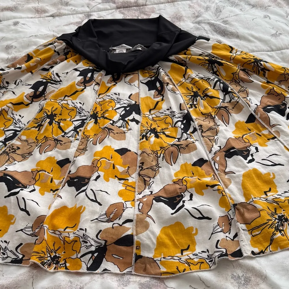Susan Bristol linen blend floral yellow brown A-line lined midi skirt, size M - Image 5