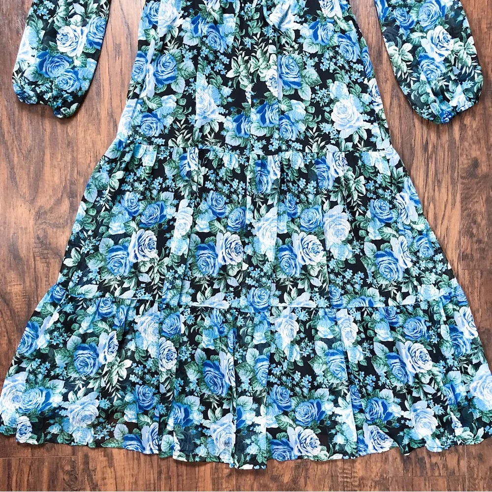 WAYF • Blue Floral Tiered Midi Dress open tie back blouson black rose print - Image 6