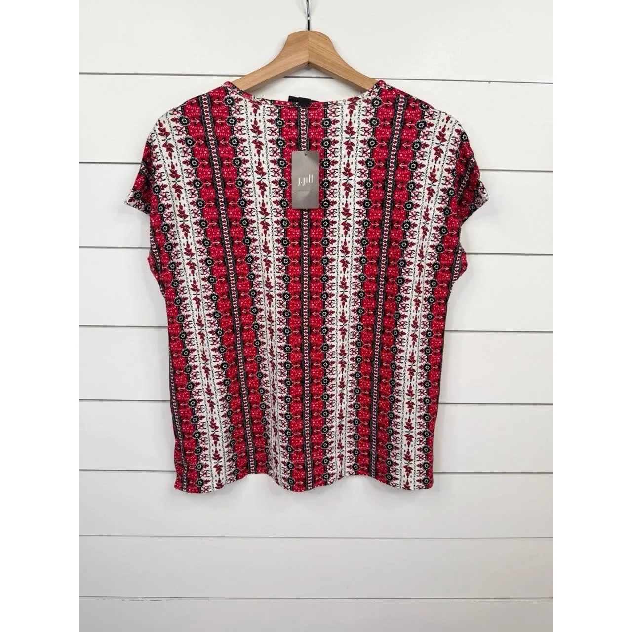 J. Jill Wearever Short Sleeve Top Red White Black Geometric Striped Size XS - Image 3