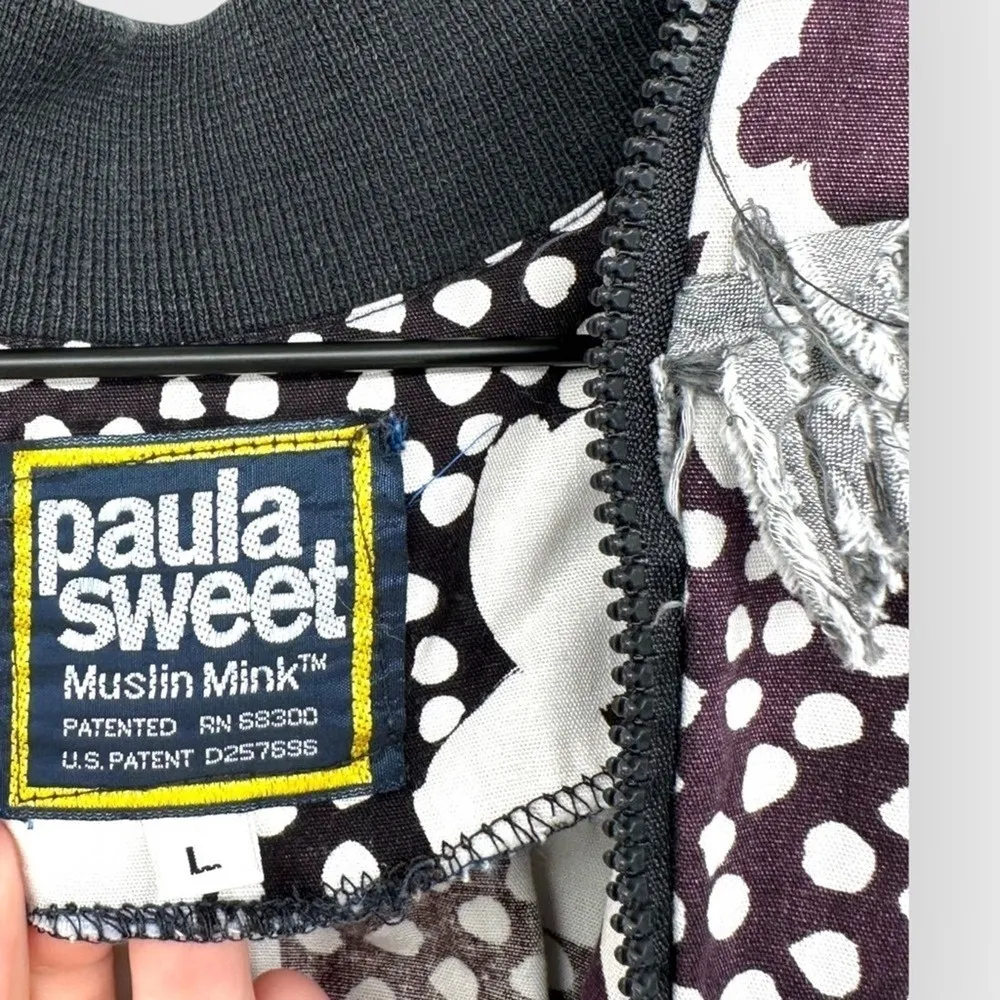 Vintage Paula Sweet Fringe Ruffle Flower Print Black White Bomber Jacket Size L - Image 10