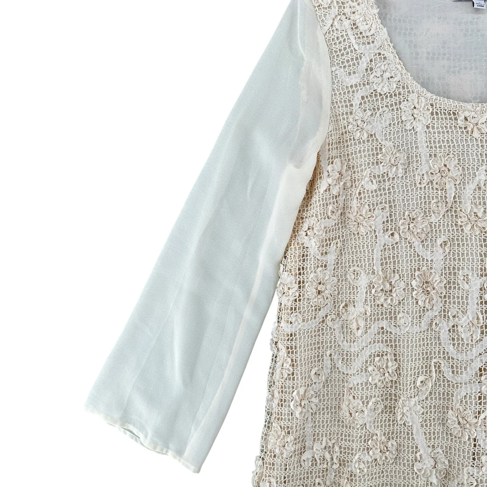 Blu-Pepper White and Cream Lace Crochet Shift Dress Long Sleeve Lined Sheer  S - Image 3