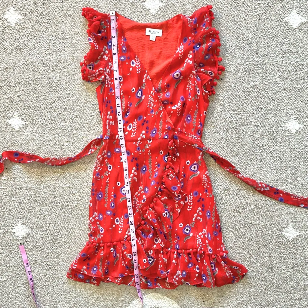Anthropologie Allison New York Red Floral Flutter Tassel Sleeve Wrap Mini Dress - Image 4