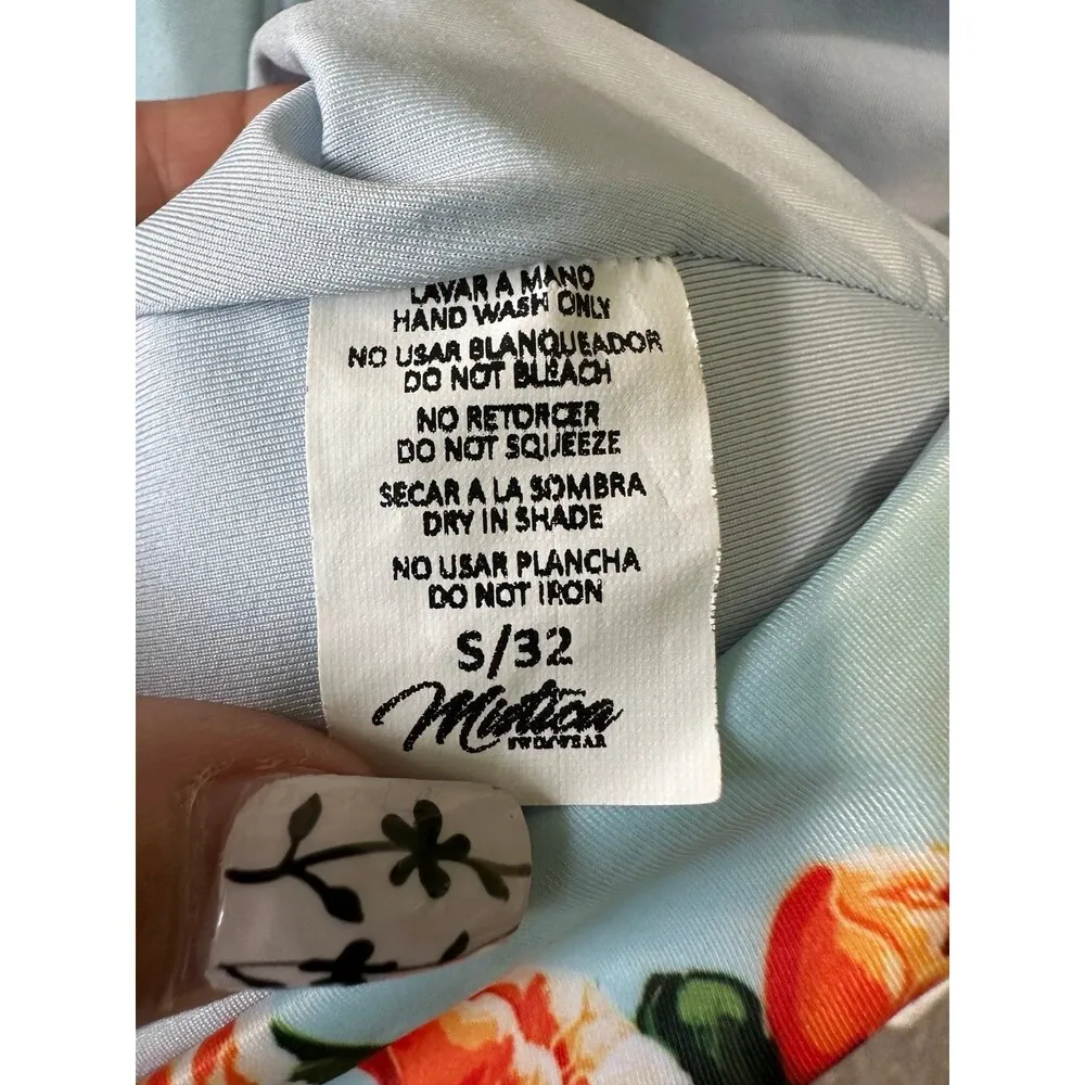 Mistica NWT Floral One Piece Padded Front Tie Long Sleeve Open Tummy Swimsuit S Blue - Image 5