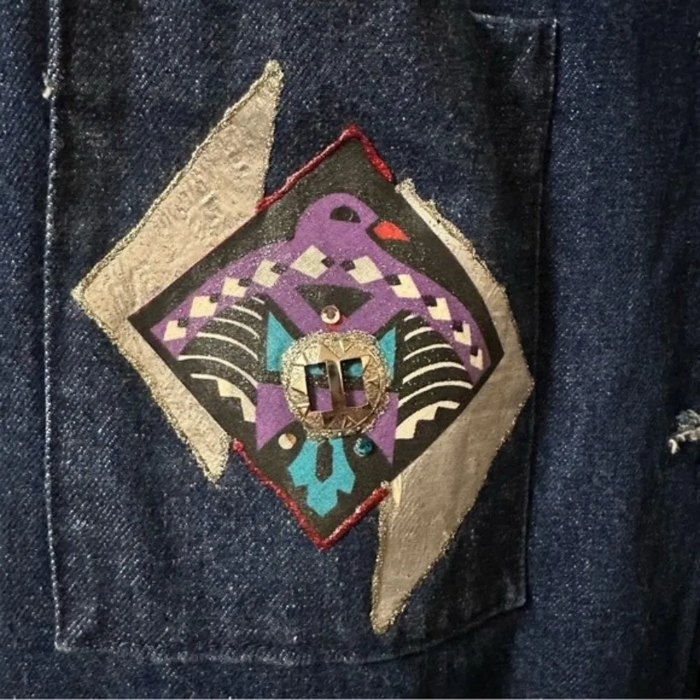Vintage One of Kind Denim Coat Aztec art DECO hand designed Sz medium Blue - Image 7