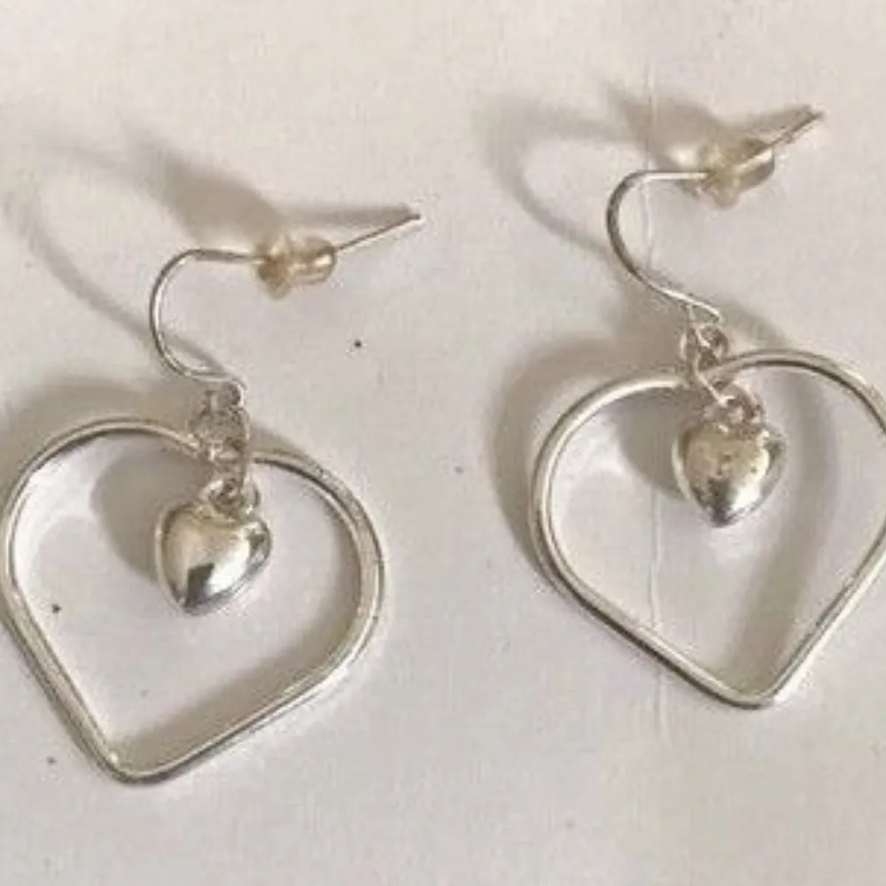 Double Heart Earrings Dangle Hooks Silver Tone VTG - Image 2