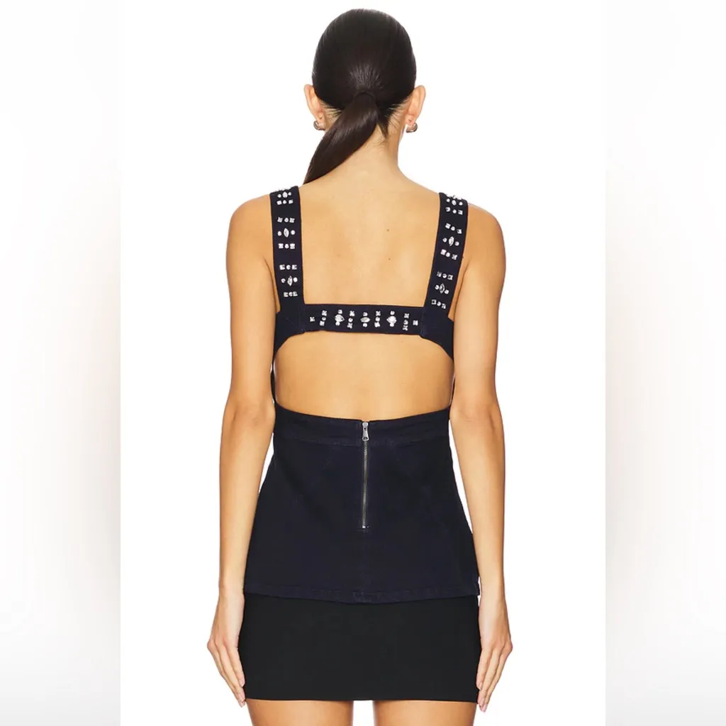 NWT Free People Decked in Shine Rhinestone Denim Tank Large, DARK RINSE - Image 5