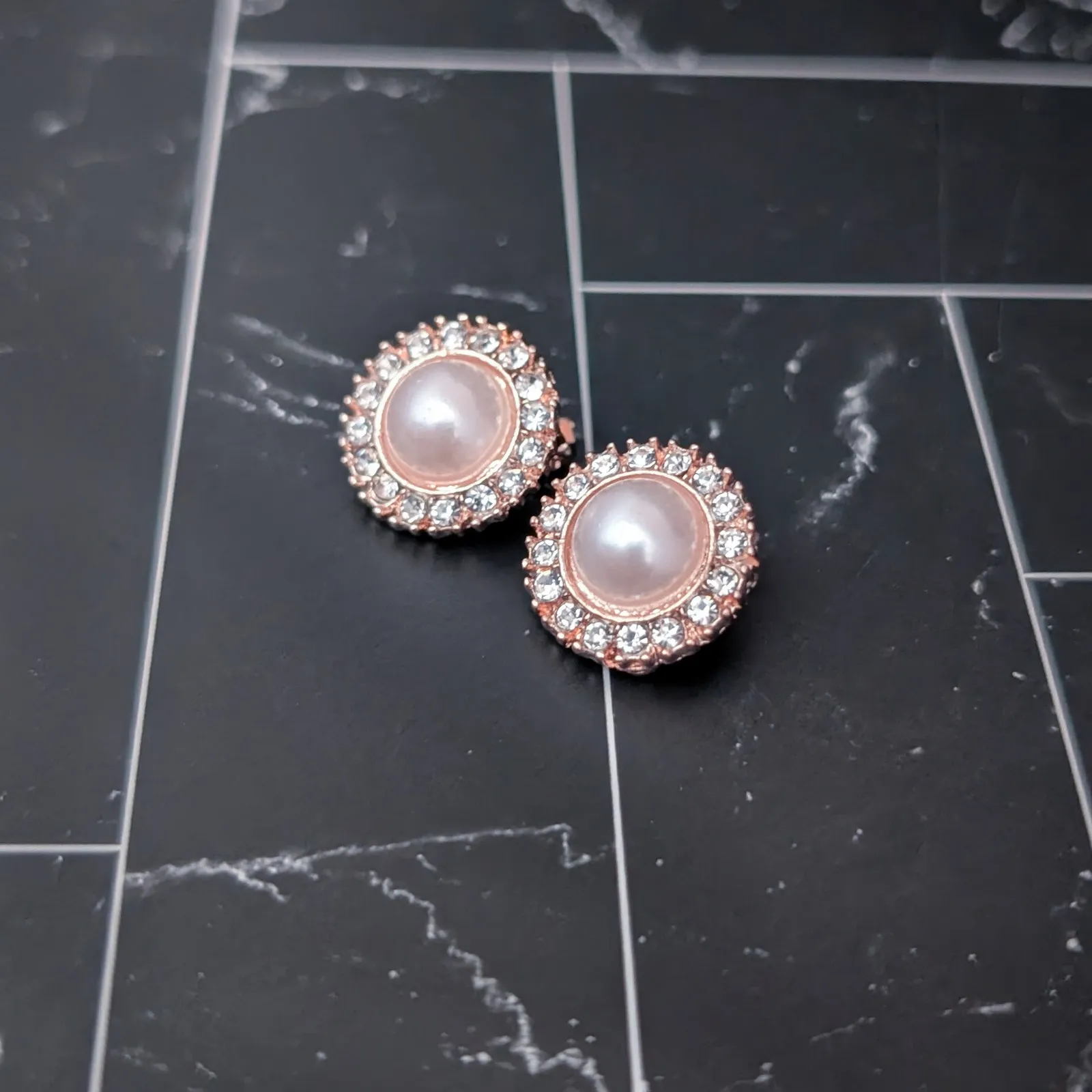 Vintage Clip On Earrings Elegant Rose Gold Tone, Faux Pearl, Clear Gem Halo - Image 3