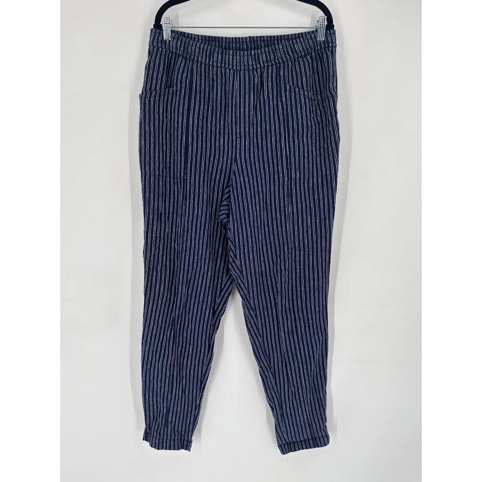 Old Navy Linen Blend Striped Cropped Pants Womens Size L Tall Blue White - Image 3