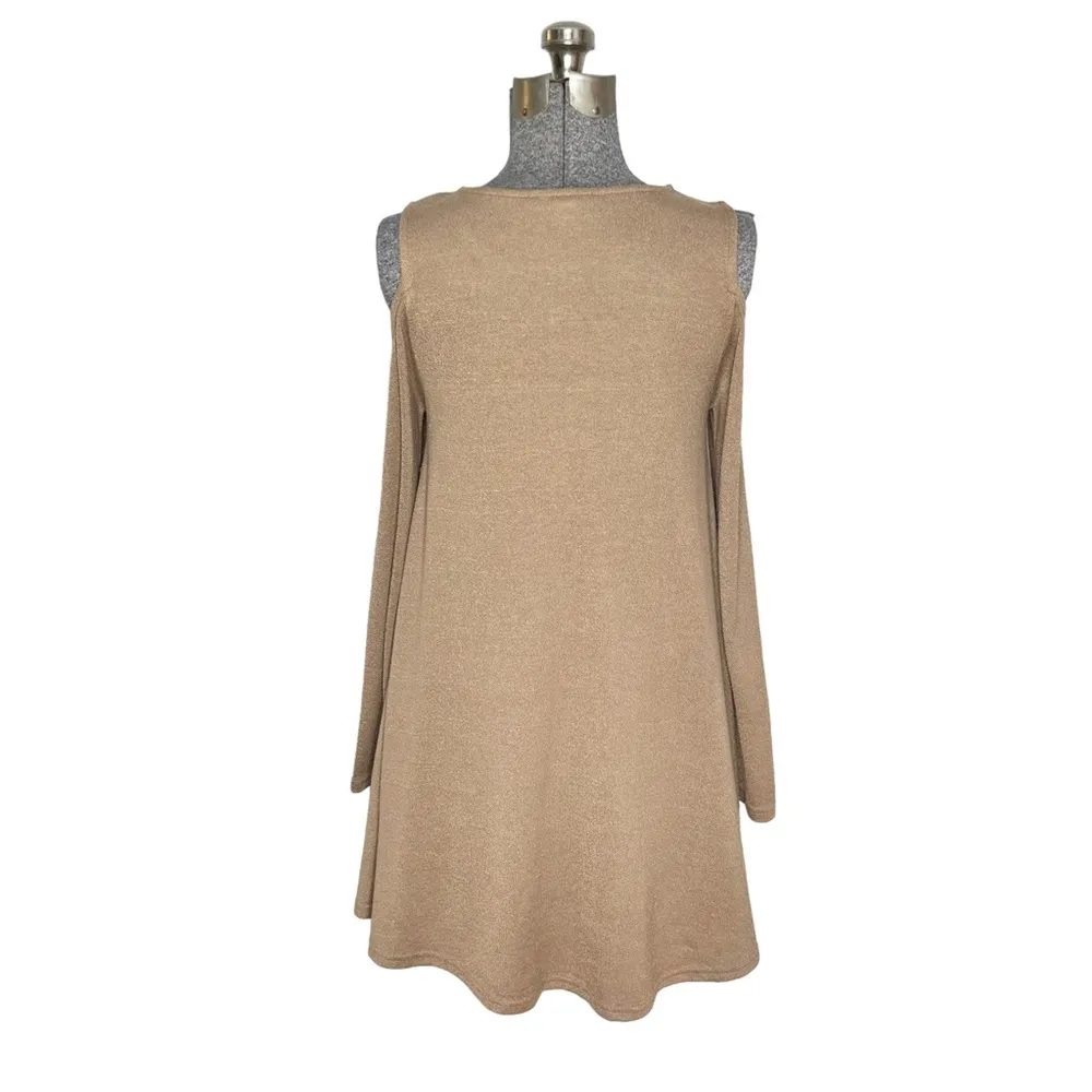 Loveriche Camel Color Knit Cold Shoulder Swing Dress - Image 2
