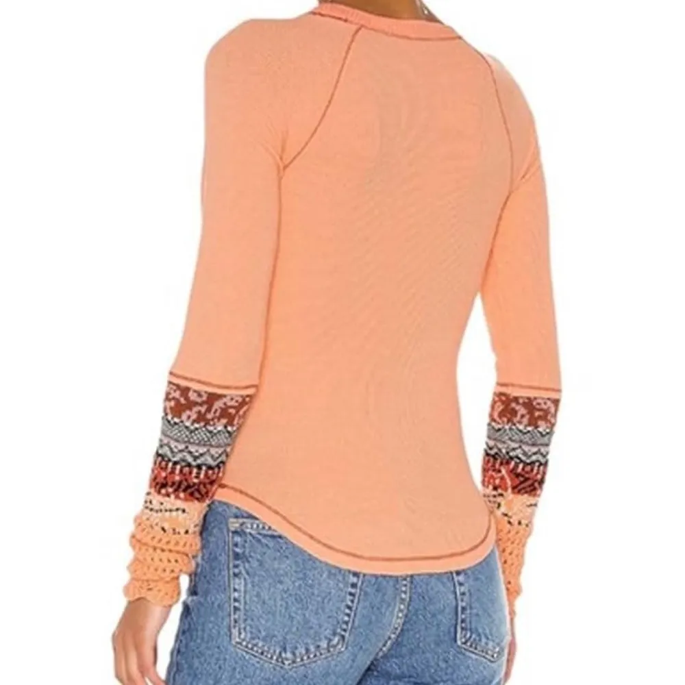Free People In The Mix Thermal Cuff Tee Rio Orange Long Sleeve Boho Top L - Image 2