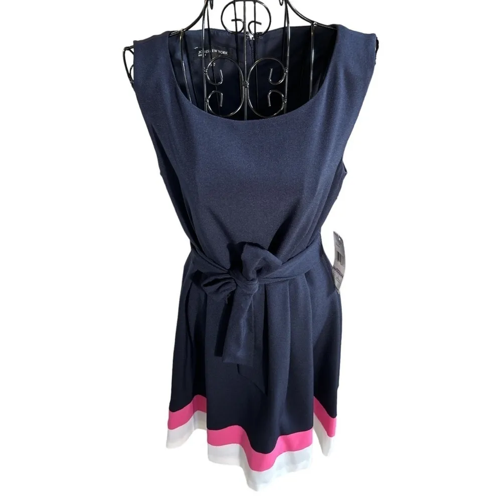 Jones New York Sleeveless Tri-Color Stretch Crepe Dress Tie Navy Size 6 NEW NWT - Image 2