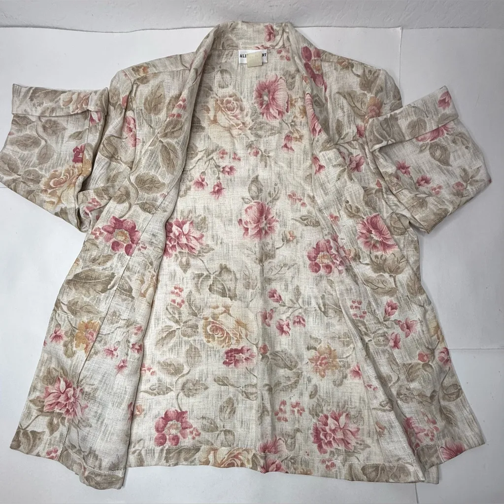 Vintage Alice Stuart Womens Sz L Pink Beige Linen Blend Jacket Blazer Floral USA Size L - Image 12