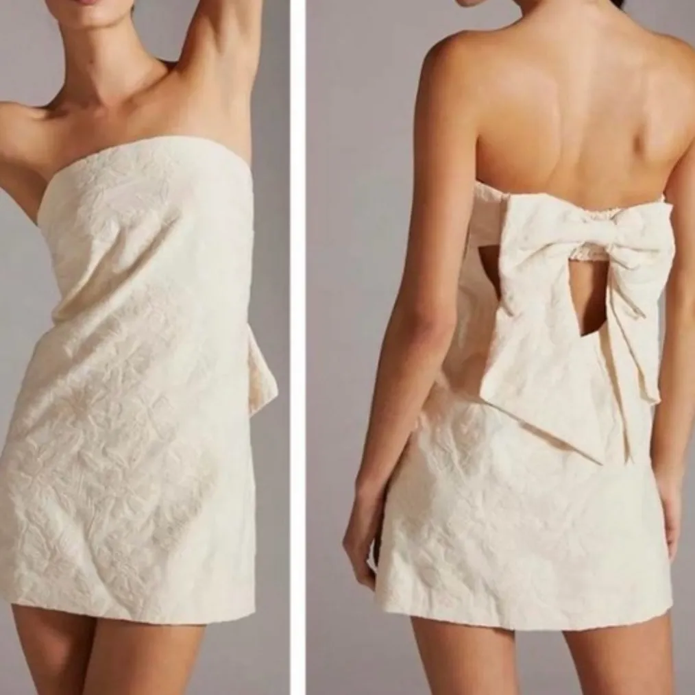 Anthropologie Cream Floral Flower Textured Shift Mini Dress Bow Strapless 12 - Image 2