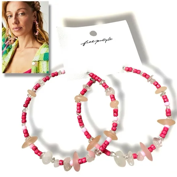 Free People Bohemian Stone Crystal Karma Hoops Earrings Pink Whimsical Summer - Image 2